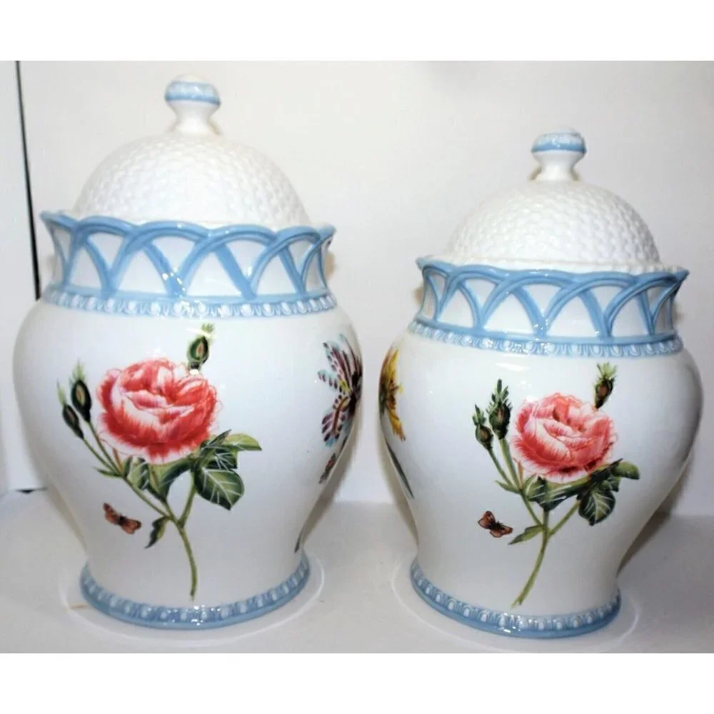 Raymond Waites Hampton Garden 2 Vintage Canisters W/Lids white blue floral